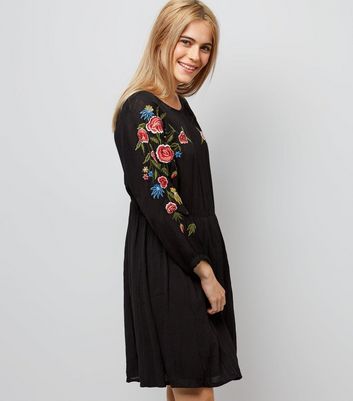 Black Floral Embroidered Sleeve Dress ...